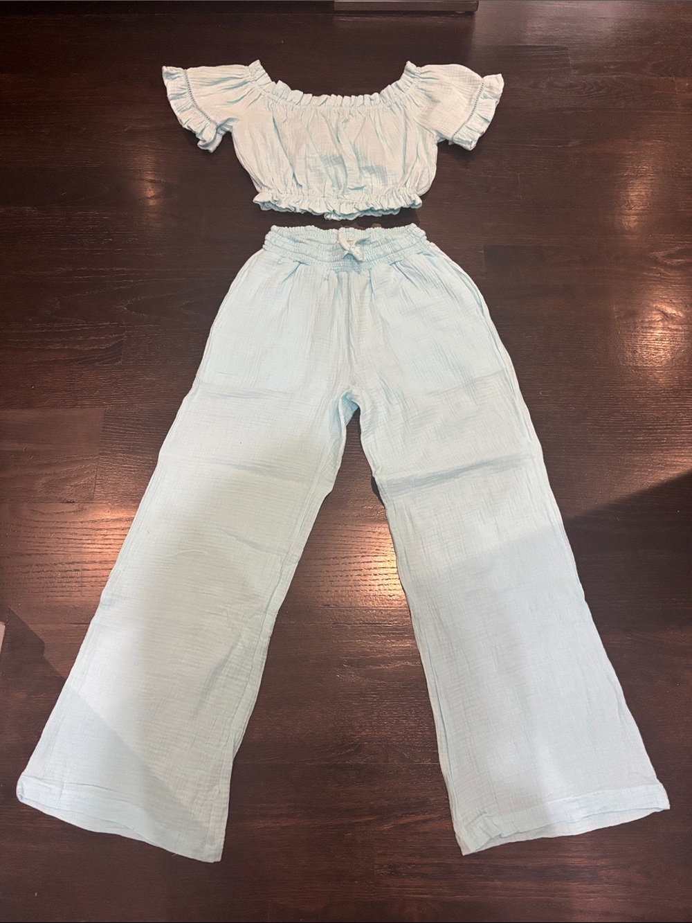 Turquoise Wide-Leg Smocked Waist Pants and off the shoulder crop top